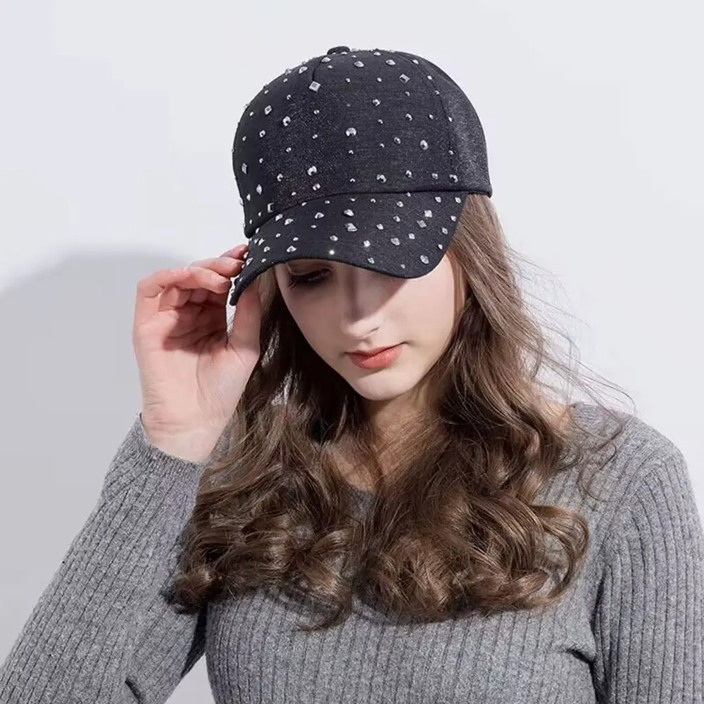 

New Korean Summer Women Cap Casual Baseball Cap Rhinestone Sun Hat Curved Eaves with Diamond