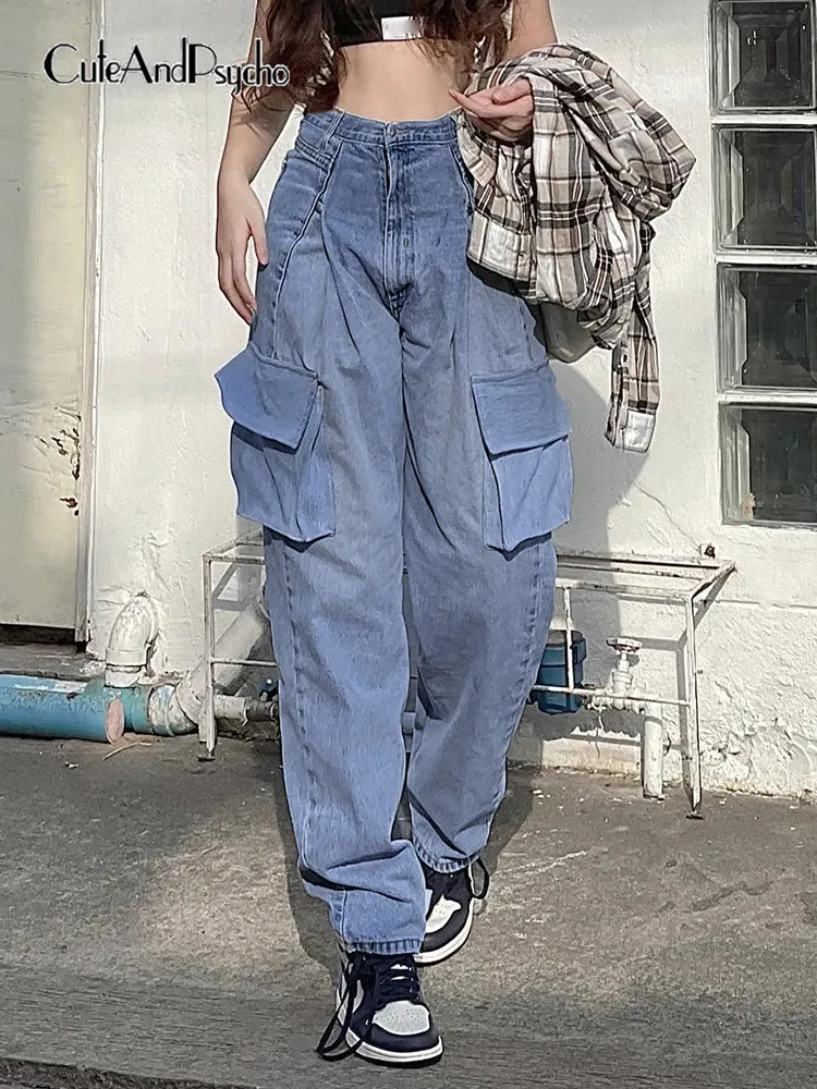 

Женские винтажные прямые джинсы cuteandpsyy2k, в стиле ретро, с карманами, однотонные уличные модные джинсы, шикарная женская джинсовая ткань в ст...