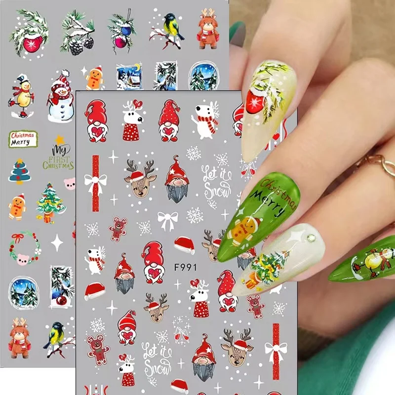 

Новогодние наклейки для ногтей, рождественские украшения 2023, серия Санта-Клаус, Лось, снежинка, аксессуары для дизайна ногтей, 3D наклейки для дизайна ногтей