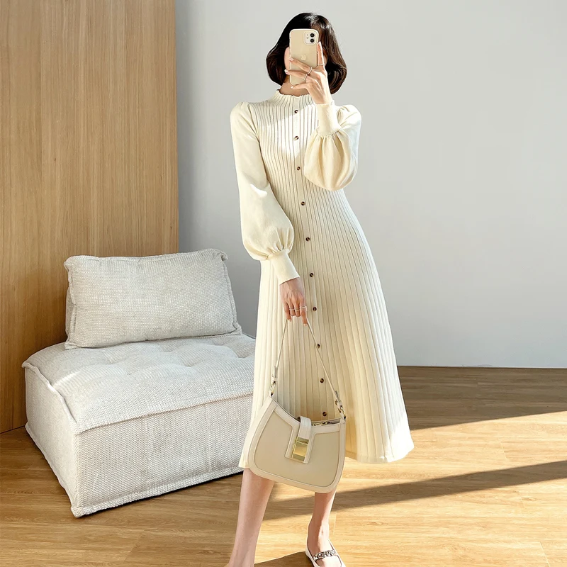 Зимние женские свитера на пуговицах с пышными рукавами платье трикотажное