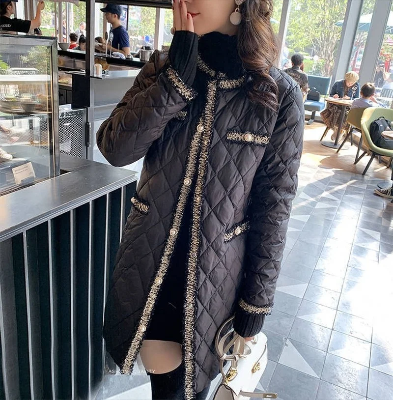 2023 Winter Wadded Coat Women Elegant O Neck Button Lightweight Long Warm Outerwear Tassels Patchwork Female Black Padded Jacket