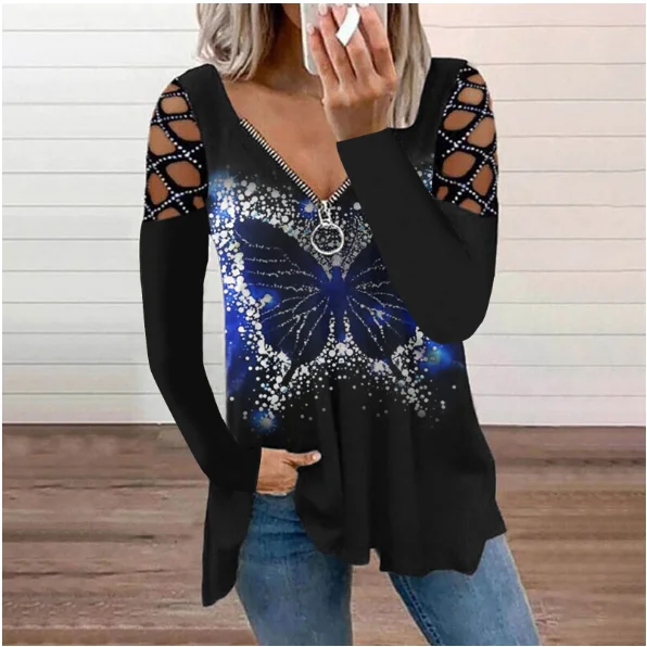 2022 Casual Rhinestone Long Sleeve V-neck T-shirts Ladies Spring and Autumn  Clothes Graphic Harajuku Tee Tops Women