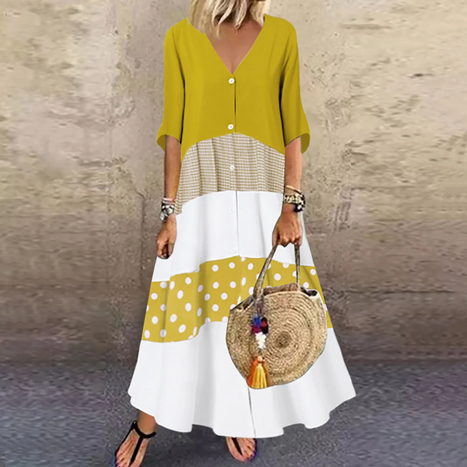 

Черное скромное платье, женское летнее повседневное длинное платье с коротким рукавом и V-образным вырезом, Повседневное платье на пуговица...