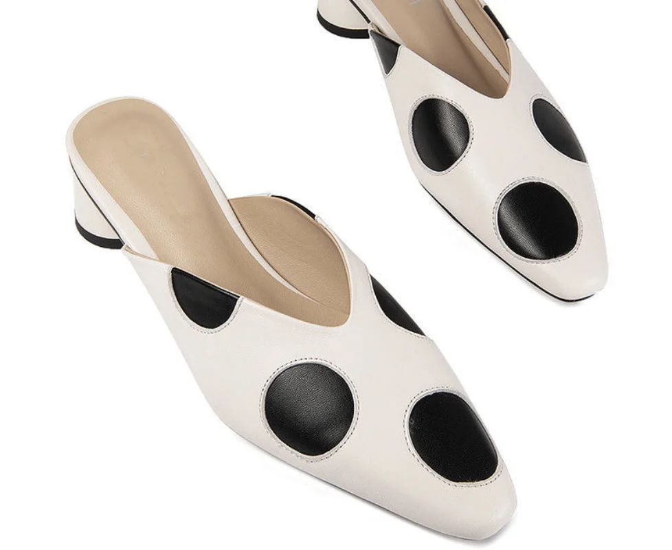 Big Dot Mid Heels Slippers Women Summer Shoes Sexy Sandals Leather Mules Shallow Slides High Heel Shoes Zapatos De Mujer