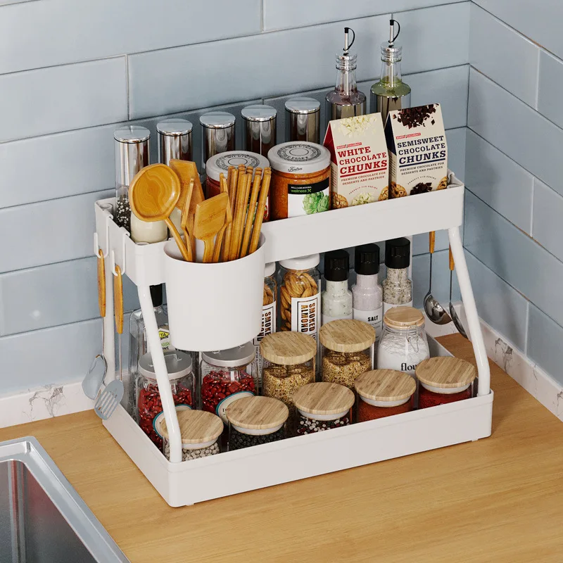 

2 Layer Kitchen Seasoning Shelf Spice Rack Organization Storage Rack With Hook Kitchen Accessories R-type Organizer For Kitchen