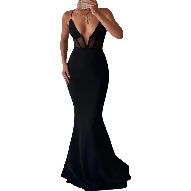 

Summer Evening Party Wrapped Long Dress Ladies Mesh High Waist Deep V-Neck Backless Sleeveless Sling Bodycon Dresses Clubwear