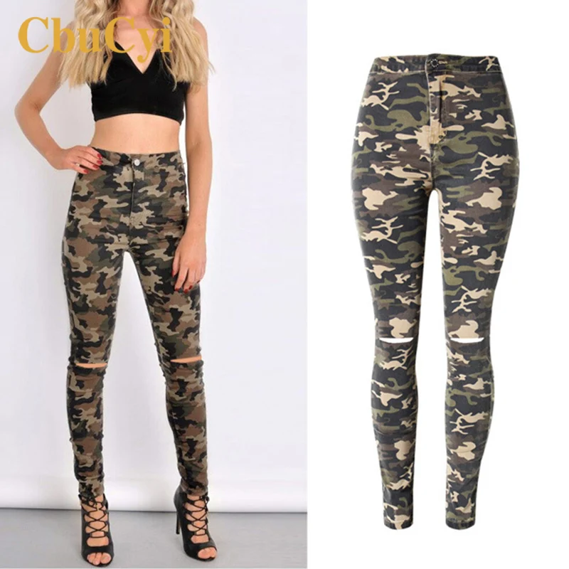 

2022 New Brand Women Fitness Cloth Camouflage High Waist Elastic Stretch Holes Jeans Pencil Pants Street Style Denim Trousers