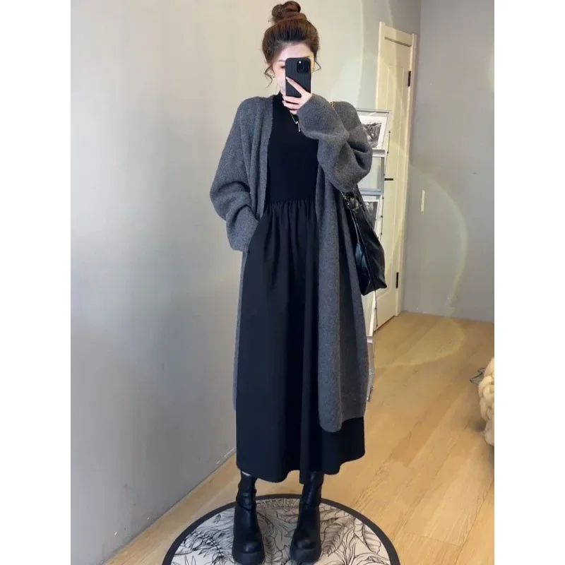 Женский весенний новый длинный свитер куртка черное платье комплект из 2