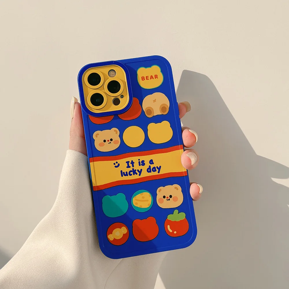 

Orginal Lucky Smiley Bear Cartoon Silicone Phone Case for Iphone 8 7 Plus 13 14 Pro Max 11 Promax 12 Mini X Xr Xs Max Cute Cover