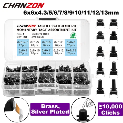 Набор микро-кнопочных тактических выключателей 6x6 мм, 200 шт