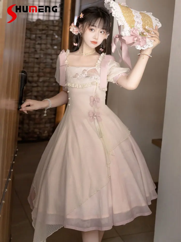 Op Original Embroidery Slimming Lolita Dress Summer Chinese Style Gentle Girl Han Elements Square Collar Short Sleeve Mid Dress