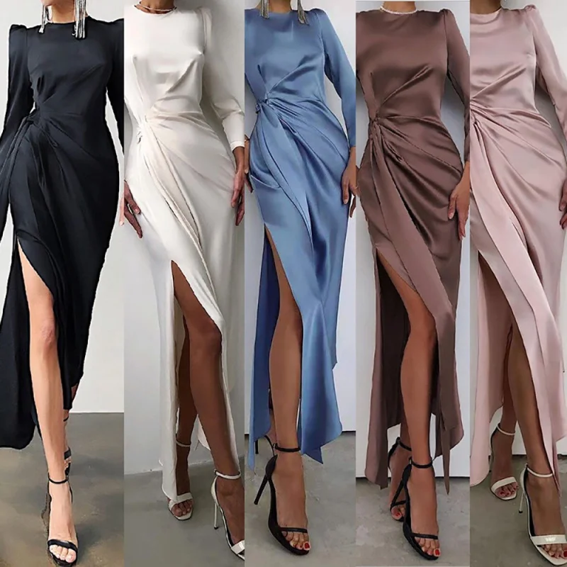 

2022Trendy Grace Solid Color Long Sleeve Slit Dress