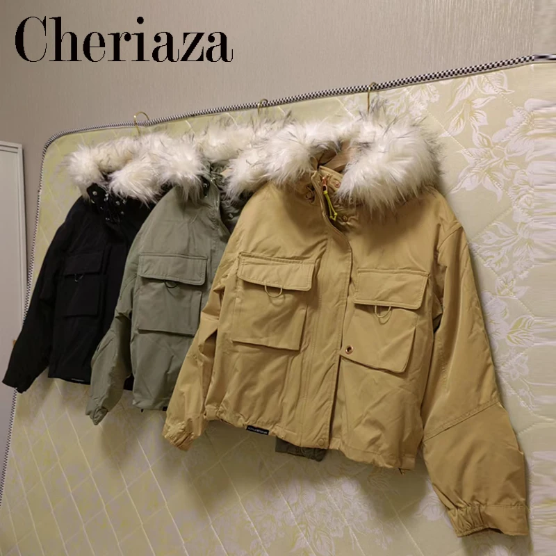 

Cheriaza Autumn Winter Women Fashion Tricolor Hooded Lambswool Parkas Coat Vintage Long Sleeve Pocket Outerwear Casual Jacket