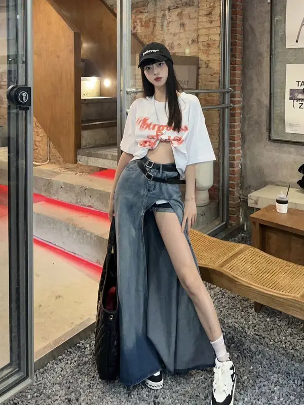 

Женская джинсовая юбка с разрезом, голубая винтажная юбка трапециевидной формы с высокой талией в японском стиле, Y2k, лето 2023