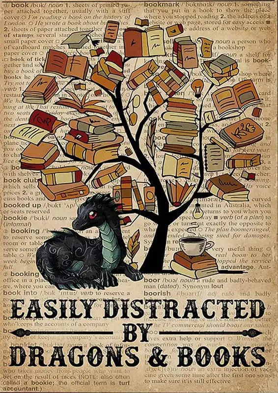 

Books&Dragon Easily Distracted by Books and Dragons Vintage Retro Metal Tin Sign 8x12 Inch
