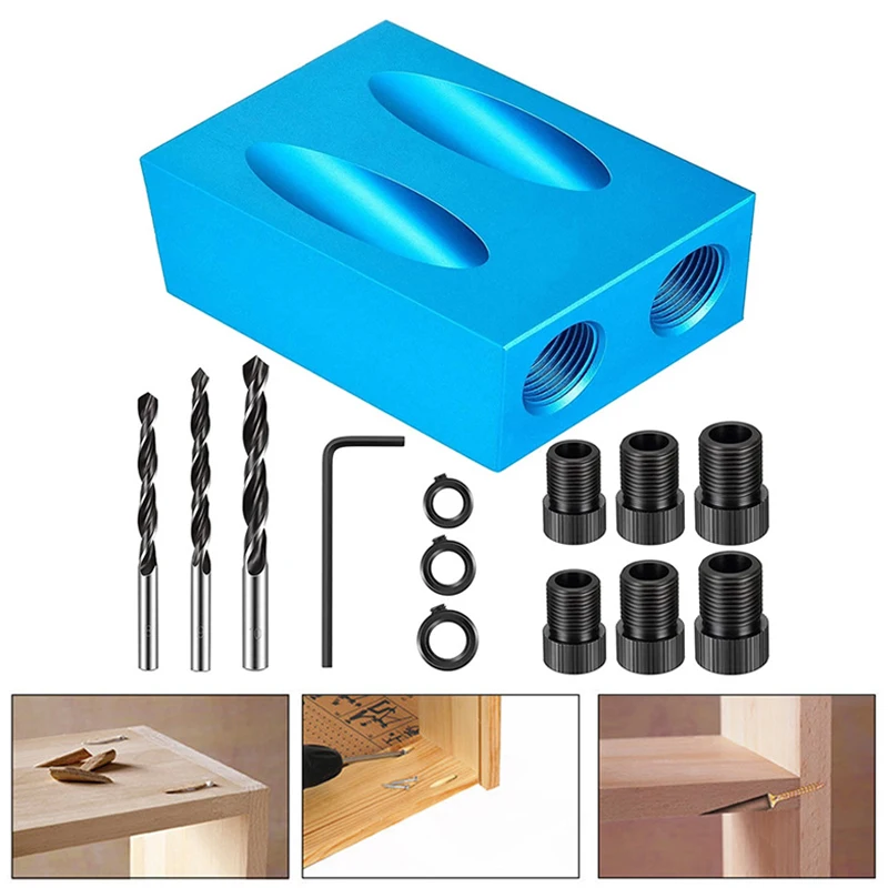 

Pocket Hole Screw Jig 15 Degrees Dowel Drill Bits Joinery Jig Kit Carpenters Oblique Hole Locator Guide Joint Angle Locator Tool