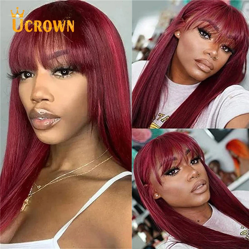 Парик прямой бургундского цвета Ucrown Hair 99j с прямыми челками, полностью машинной работы с имитацией кожи головы, изготовленный из волос бразильского происхождения для чернокожих женщин.