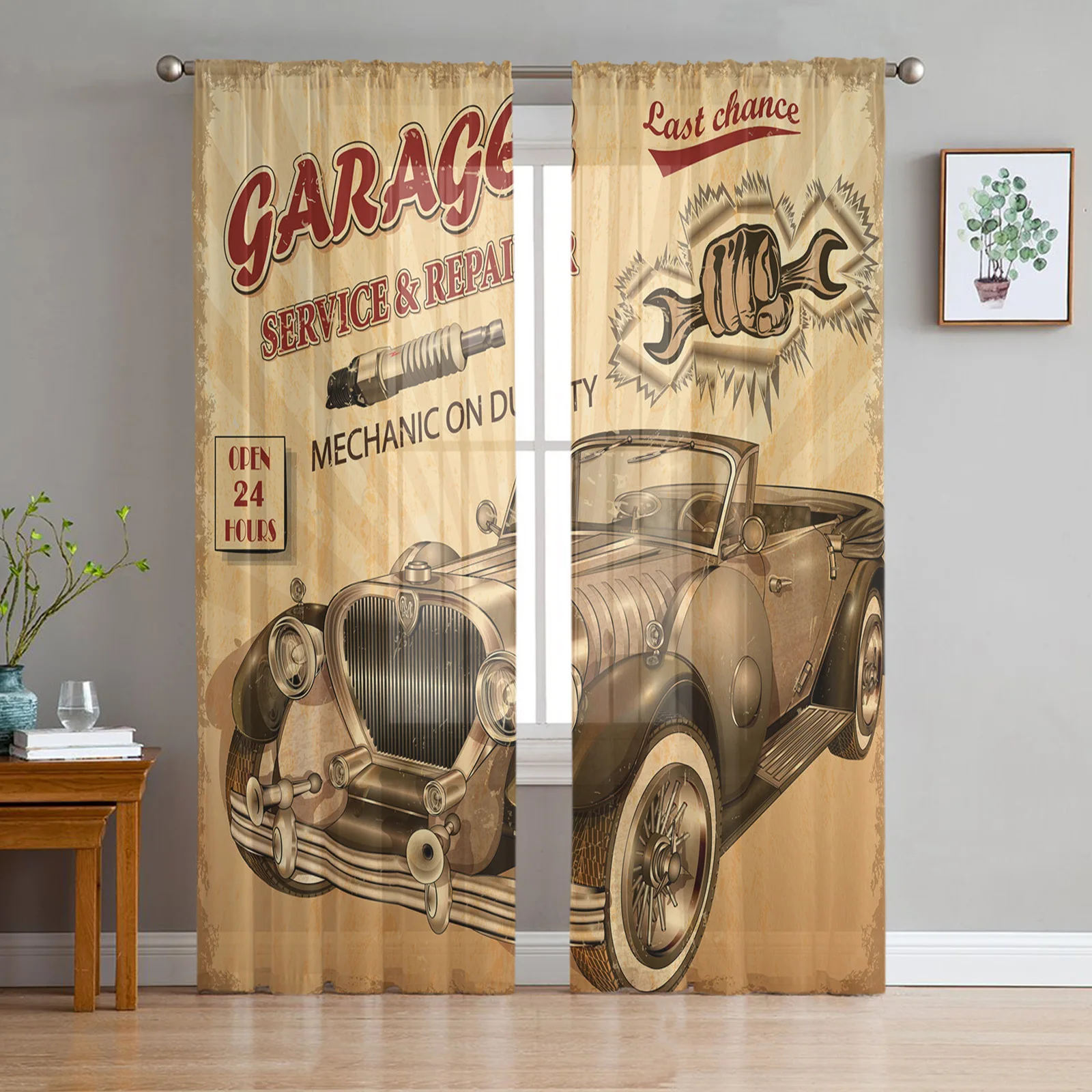 

Classic Car Retro Lines Printed Chiffon Tulle Living Room Curtains Home Decor Bedroom Coffee Hotel Drapes Voile Window Curtains
