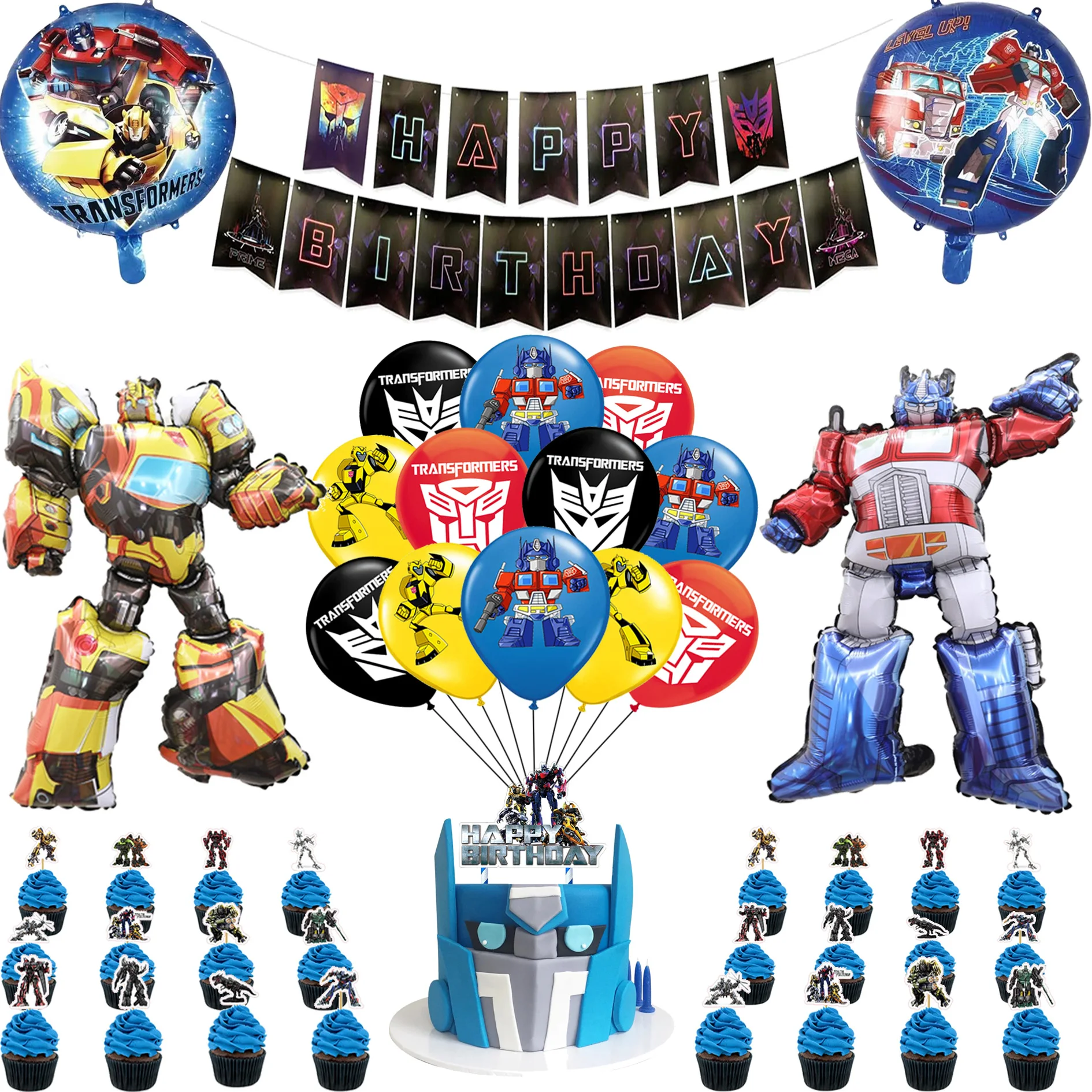 1set Transformation Balloons Yellow Bee Latex Ballons Blue Robot Car Party Happy Birthday Banner Cake Topper Decorations Boy Toy |
