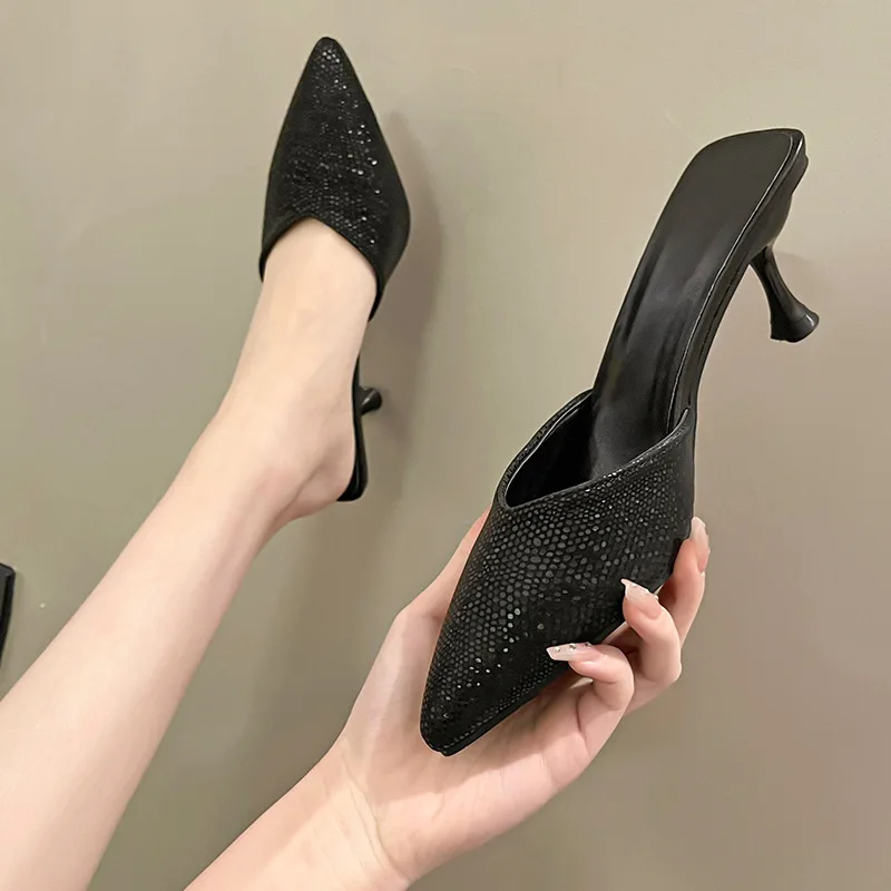 

Slippers Casual Thin Heels Shoes Woman 2022 Female Mule Low Pointed Toe Pantofle Heeled Mules Shallow Luxury Summer New High