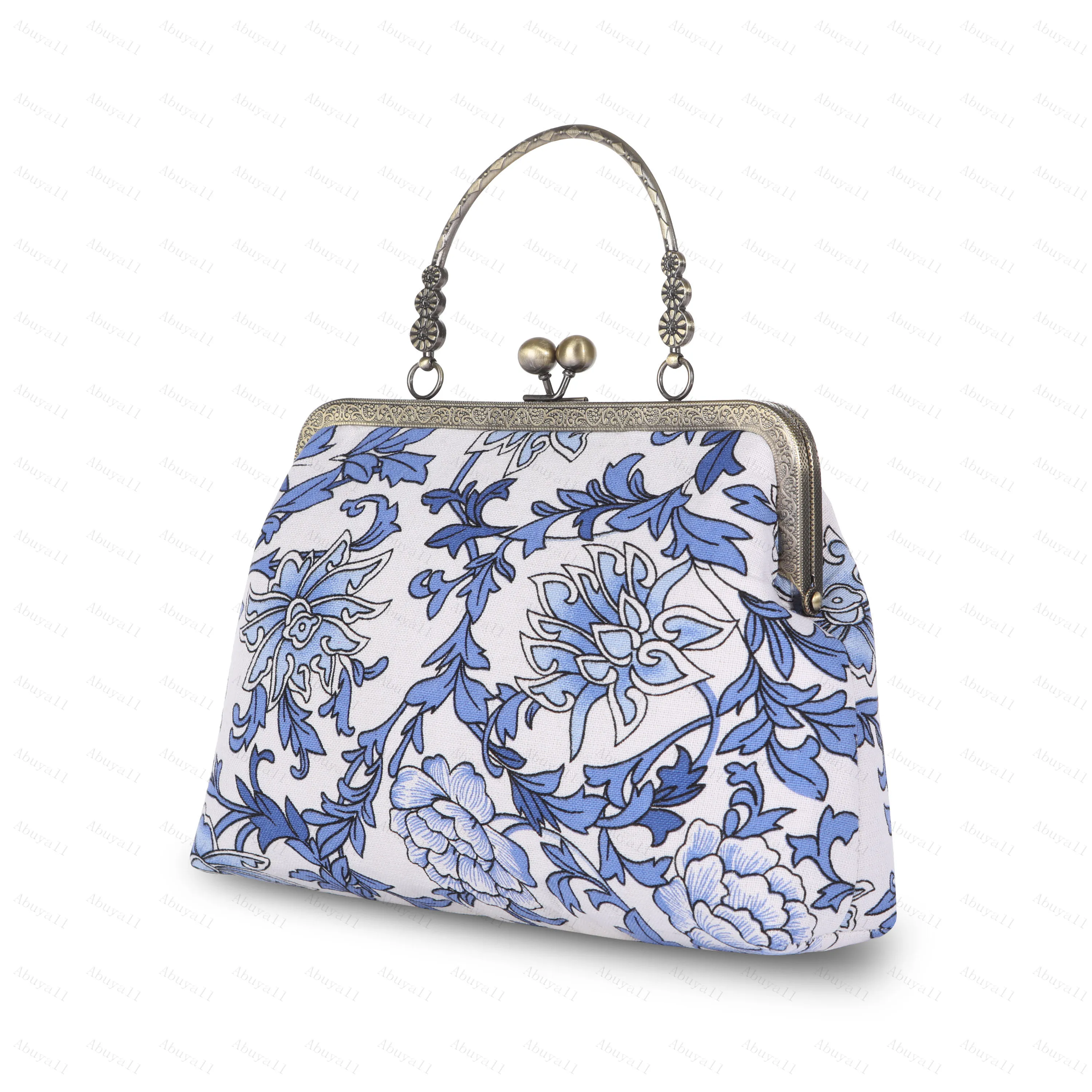 Abuyall Kiss Lock Top-Handle Handbag Floral Canvas Chain Strap Shoulder Bag Vintage Evening Tote Shell Crossbody Purse DIY Lady