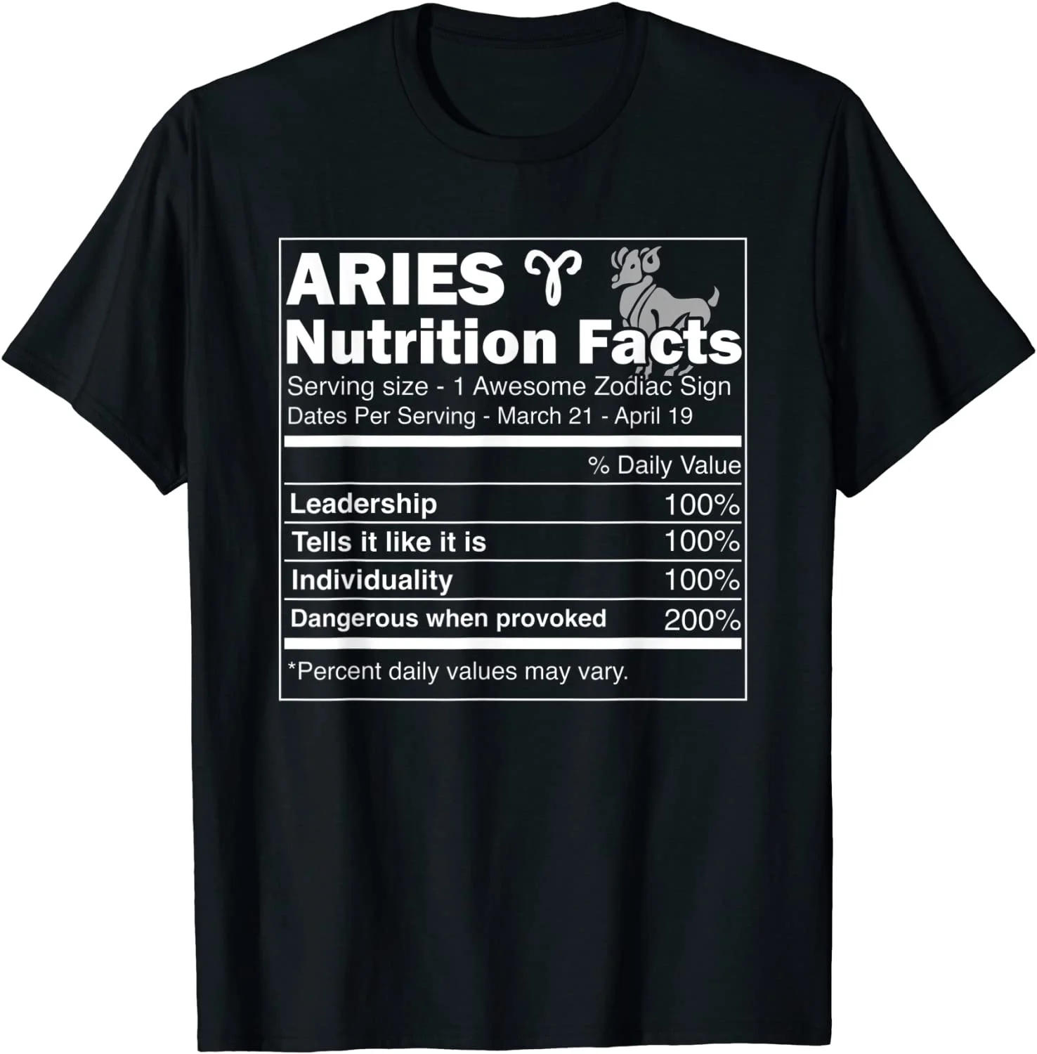 

Aries Nutrition Facts Astrology Zodiac Horoscope T-Shirt