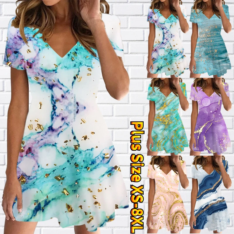 

2023 Summer Vintage Knee-length Skirt Women Loose Size Short Sleeve Skirt Female New Design Printing Slim Skirt V-Neck Dress