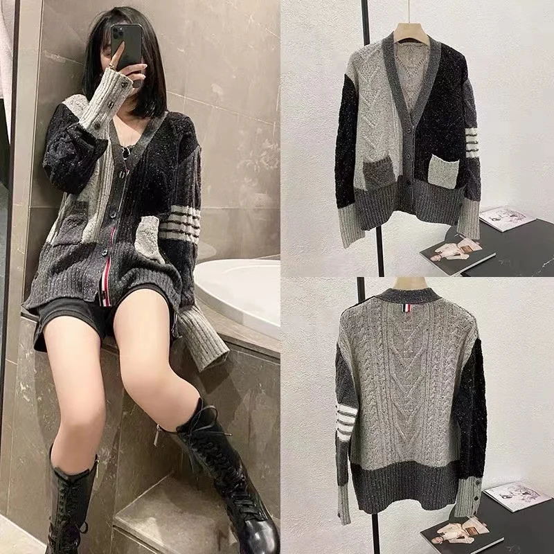 TB THOM Men's Winter Sweater Fashion Brand Men's Coat Fun-Mix Wool Aran Cable 4-bar Stripe V-Neck Cardigan Harajuku Sweaters