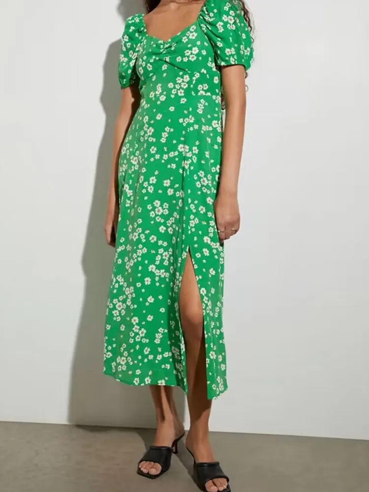 

Женское платье с коротким рукавом-фонариком, розовое или зеленое платье средней длины с квадратным вырезом и цветочным принтом, лето 2023