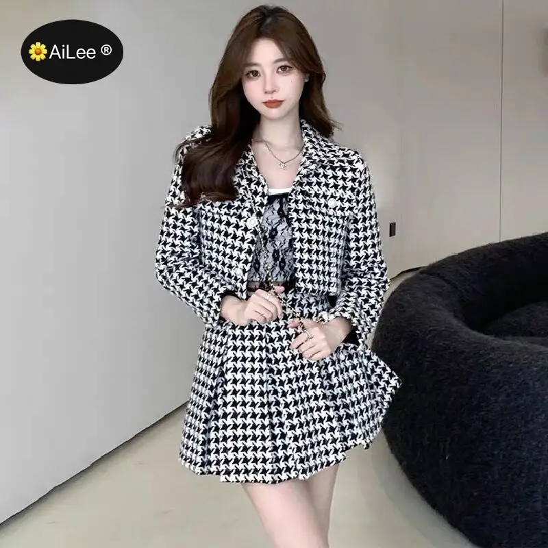 Temperament Matching Sets Retro O Tweed Plaid Jacket Short Long Sleeve Cardigan Slim Top Mini Houndstooth Pleated Skirt Chic