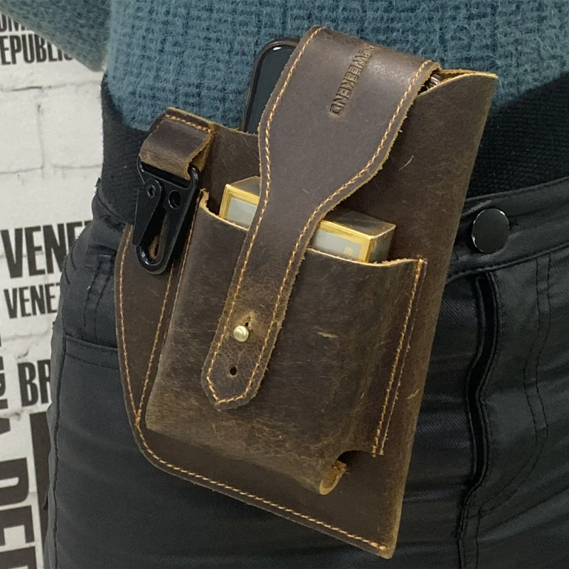 Men's Leather Fanny Pack Cigarette Case Bag Cell Phone Bag Vertical Paragraph Hanging Bag Crazy Horse Leather Retro Outdoor
