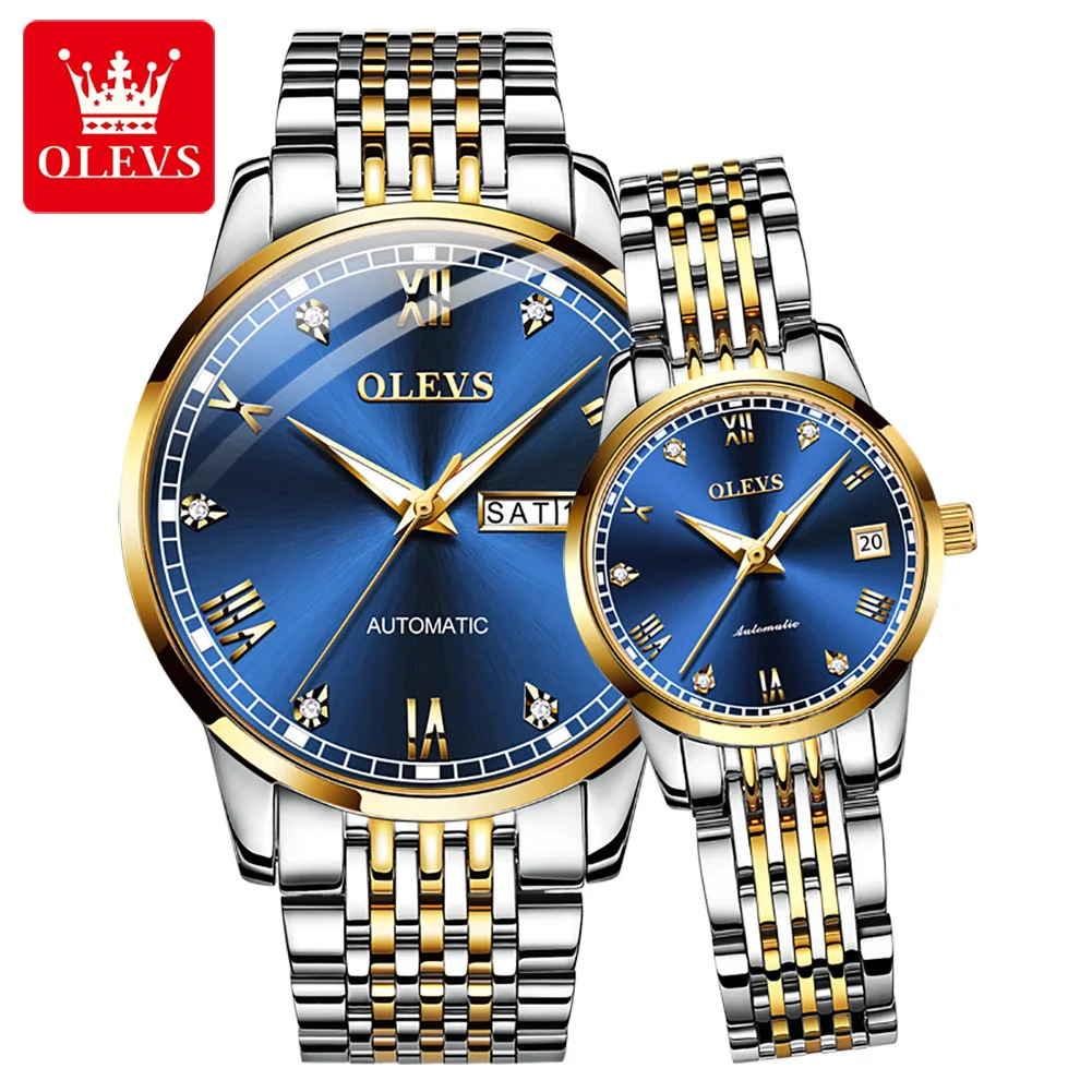 

OLEVS Couple Watches Luxury Brand Original Automatic Wristwatch Stainless Steel Skeleton Lover's Wristwatch Advanced Gift Box