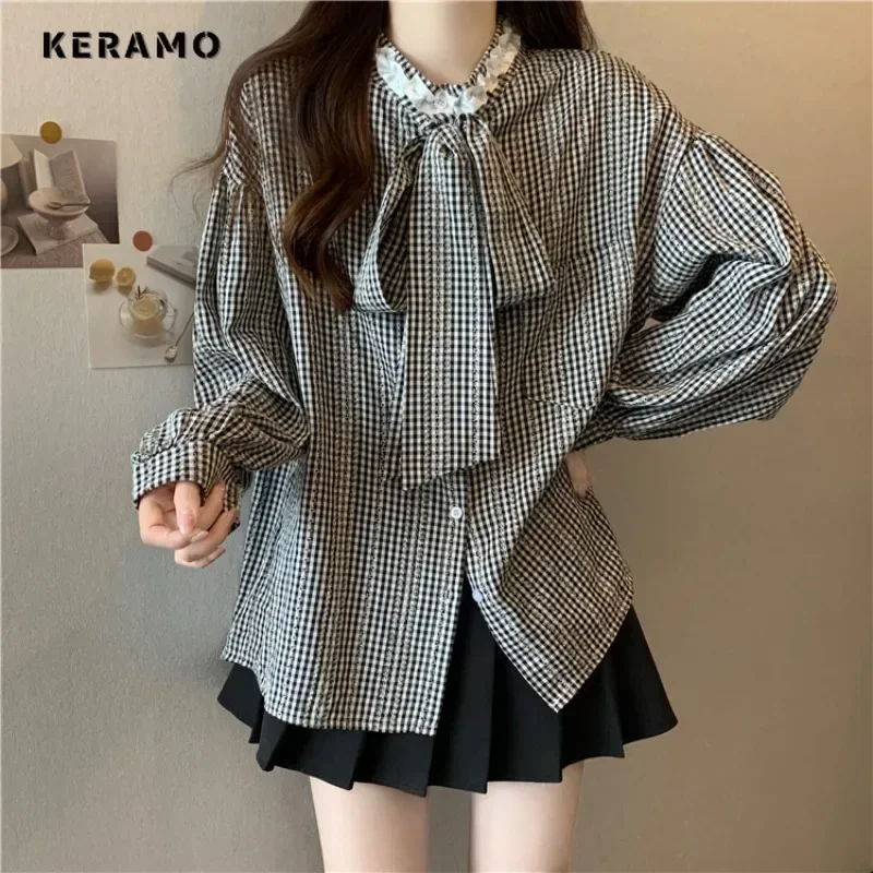 Женская винтажная клетчатая рубашка однобортная Свободная Повседневная Блузка