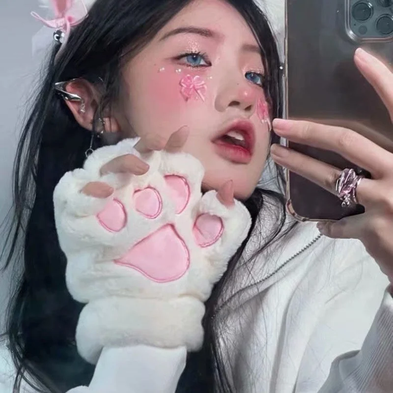 

Y2k Girl Gloves Japanese Cosplay Soft Sister Cute Cat Claw Gloves Goth Cat Plush Cartoon Warm Half Fingerless Gloves Women