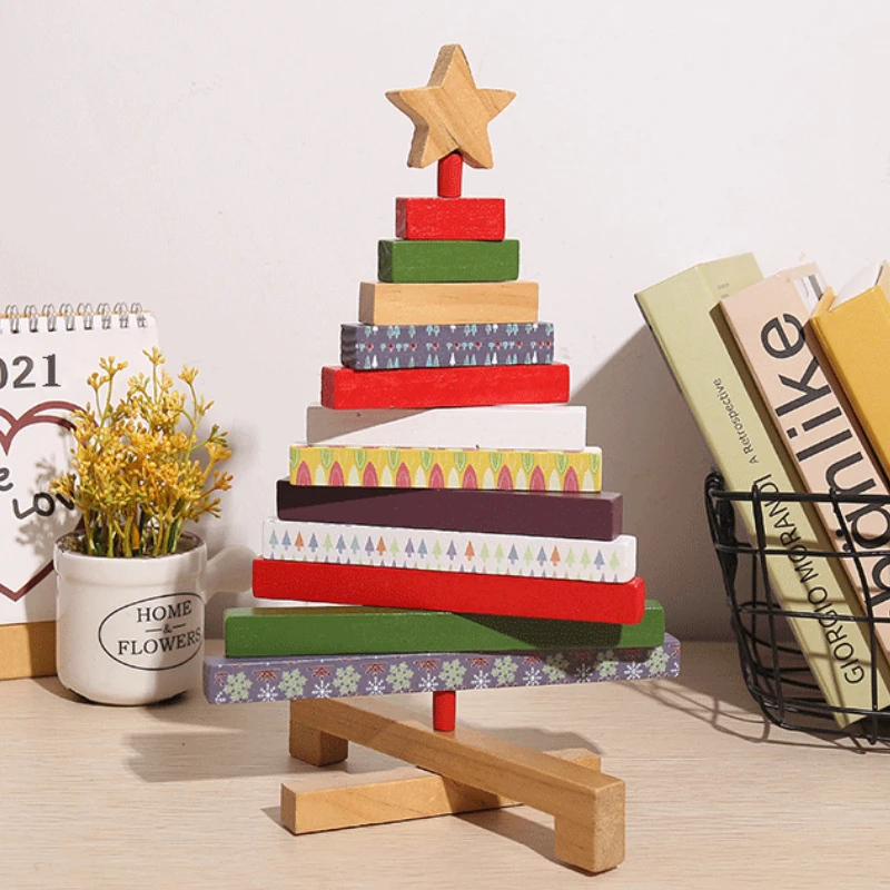 

2023 Wooden Christmas Trees Figurines Christmas Decoration Home Accessories Rotatable Miniatures Aesthetic Room Decor Kids Gift