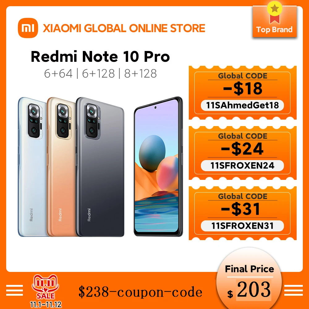 Kup Redmi Note 10 Pro Wersja Globalna 6 + 64/128 8 + 128 Xiaomi Smartphone 108MP Kamera Snapdragon 732G 120Hz Wyświetlacz AMOLED NFC