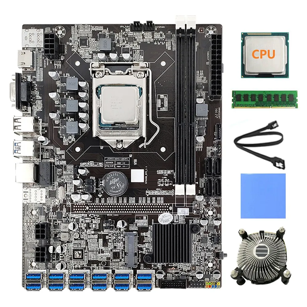 

12 Card GPU B75 BTC Mining Motherboard+CPU+Fan+Thermal Pad+4G DDR3 RAM+SATA Cable 12 USB3.0(PCIE) LGA1155 DDR3 SATA3.0