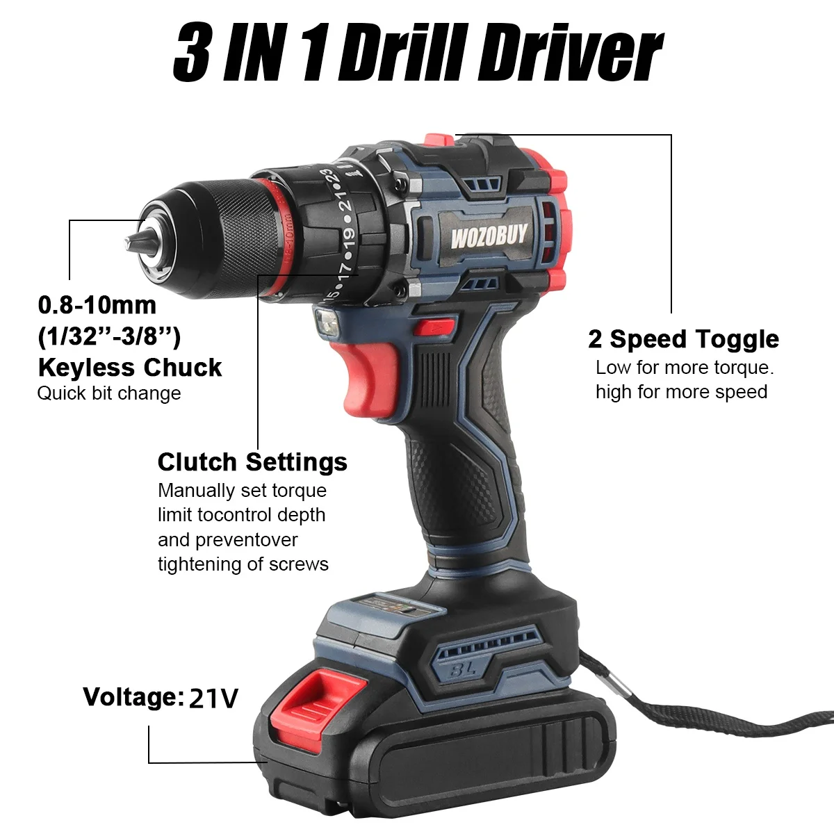 Беспроводная электрическая дрель WOZOBUY Аккумулятор 16