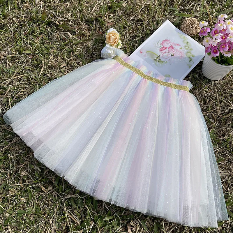 

Kids Girls Mesh Skirts Princess Pretty Tutu Skirts Fashion Girls Rainbow Mesh Sequins Skirts Children Lace Clothing