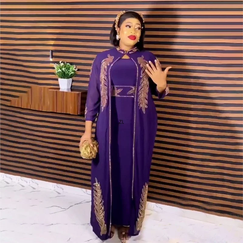 Fashion Muslim Set Elegant Party Maxi African Dresses For Women Diamond Muslim Dubai Abaya Cardigan Two Piece Set Ankara Robes