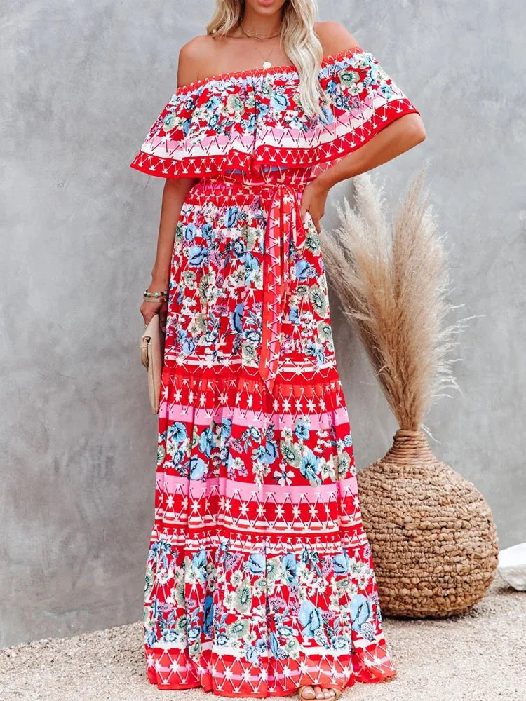 

Fashion Vivid Floral Print Beach Holiday Party Dress Ruffle Women Clothing 2022 Summer Sexy Slash Neck Loose Maxi Dress Vestidos