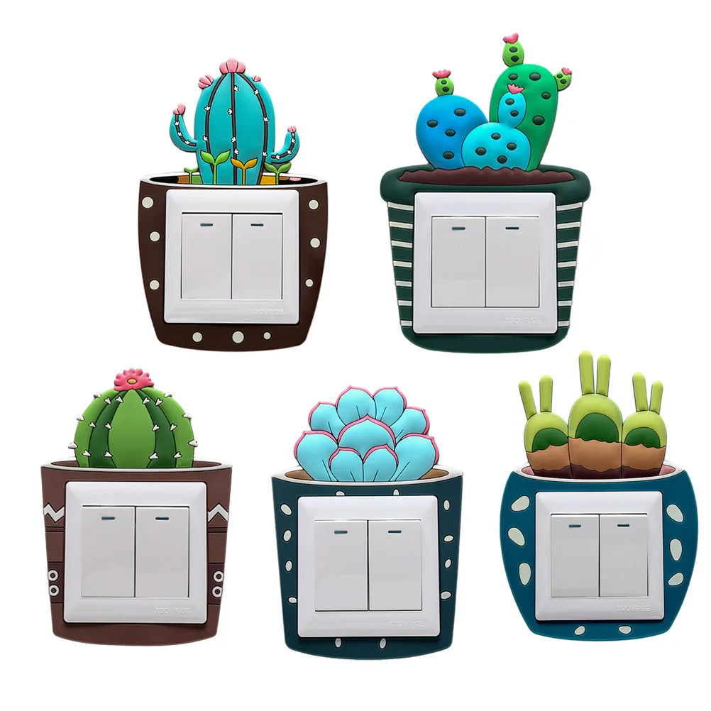 

5pcs Cartoon Cactus Luminous Button Switch Sticker Switch Protective Cover Glow in the Dark Kids Room Wall Decal (Random