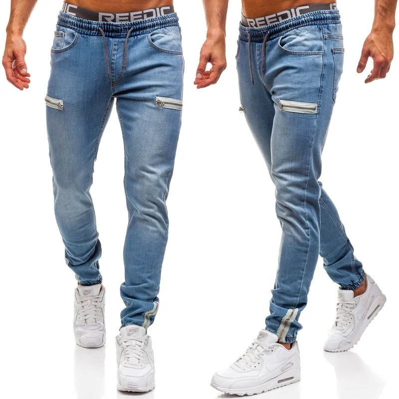 Men's Jeans European and American Denim Fabric Casual Scrub Zipper Design Sports Men