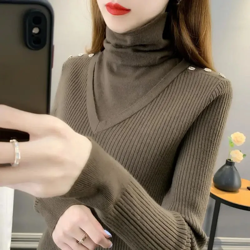 

Warm Button Turtleneck Sweater Women New Spring Patchwork Knitted Pullovers Solid Slim Fit Basic Bottoming Jumpers