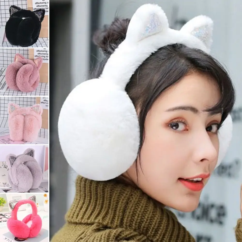 

Cat Ear Muffs Lovely Folding Cartoon Frostproof Glitter Sequin Warm Headband Ear Protectors Earflaps Earmuffs