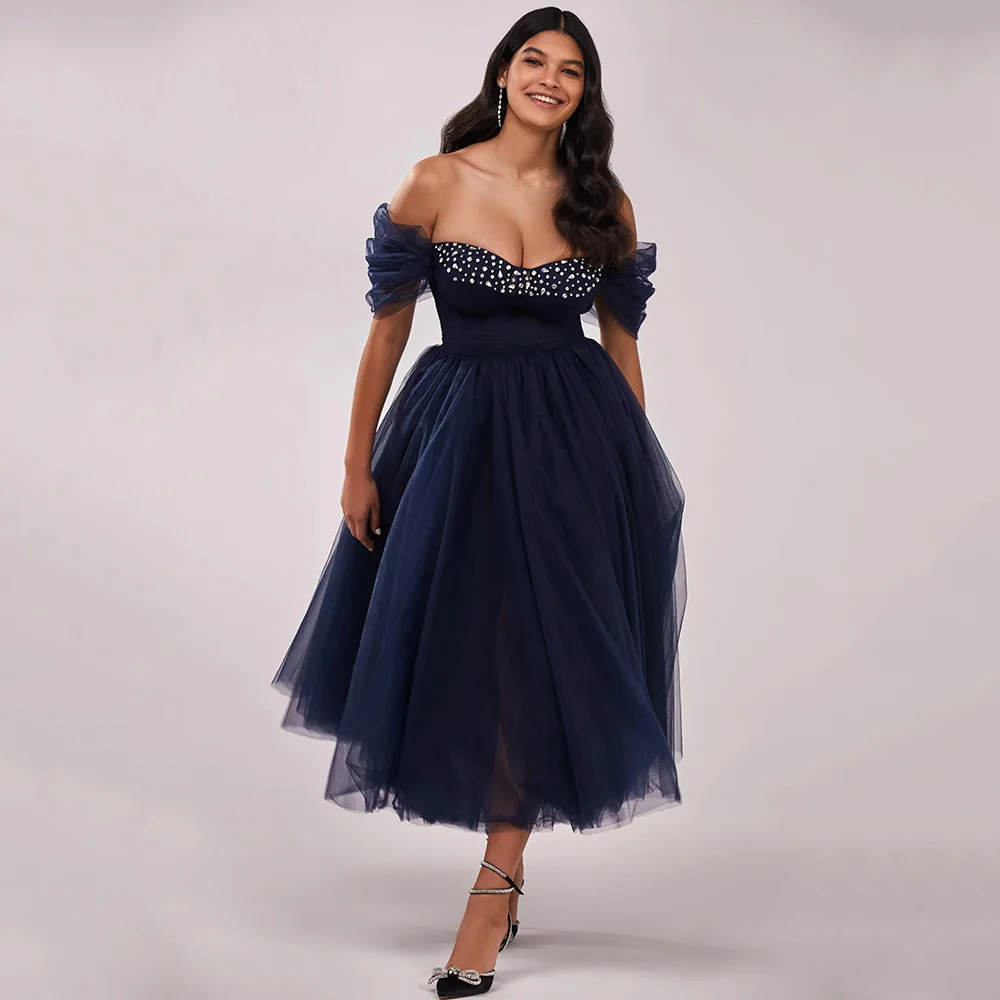 

Cute Off Shoulder Navy Cocktail Dresses A-line Tulle Short Party Gown Custom Made Lilac Prom Dress with Crystals