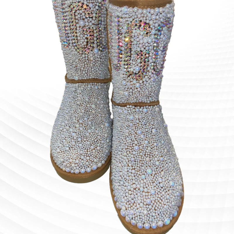 

Colorful rhineshewn hand custom cashmere warm boots winter fashion all-in-one fur boots for women 35-44