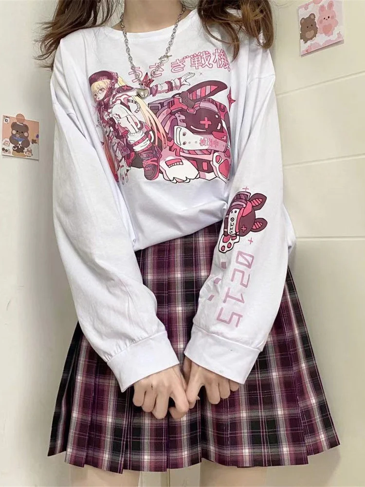 

Deeptown Kawaii Anime Graphic T-shirt Cartoon Mech Print Tee Shirt Sweet Cute Girl Print Long Sleeve T Shirt Tops Women Clothes