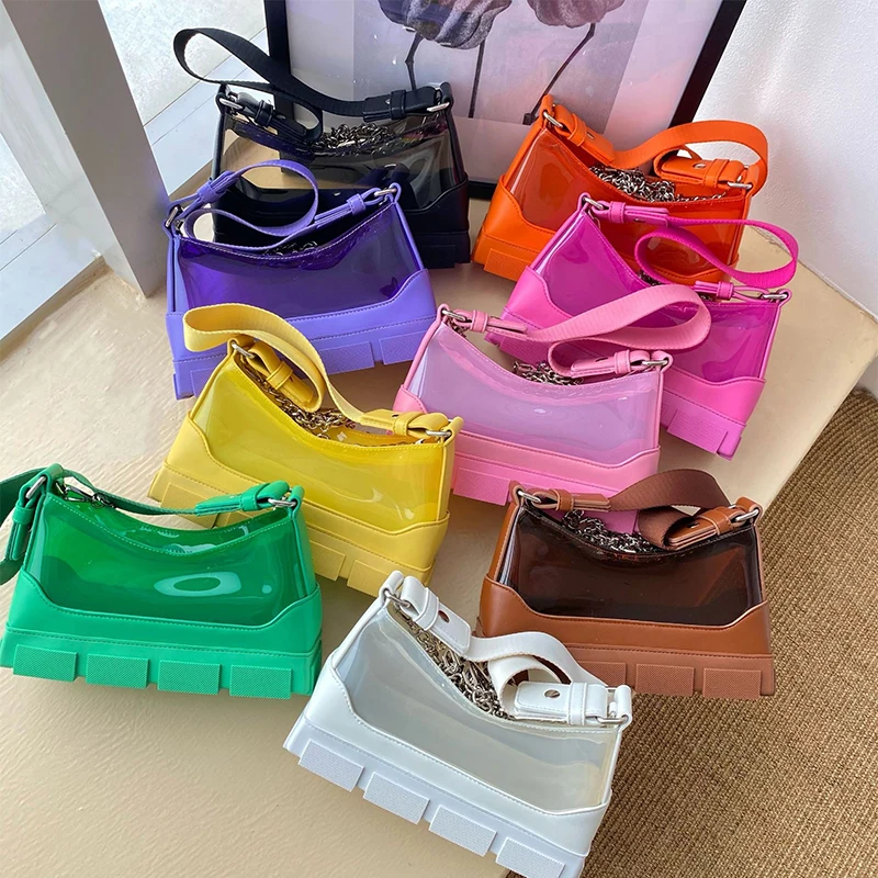 

2022 New Fashion Transparent Jelly Sole Shoes Shape Pvc Large Handbag Armpit Underarm Single Shoulder Chain Ins Messenger Bag