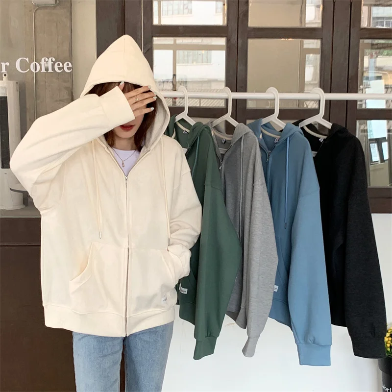 Autumn Chic Zip-up Hoodies Female Casual Street Loose Thin Blue Gray Apricot Sweatshirt Pocket Hooded Women Cardigans